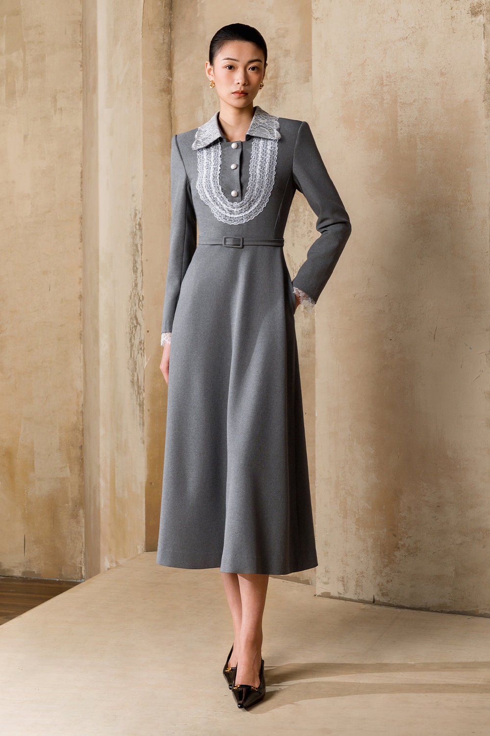 slim fit dress slacks Women's Oura Collared Midi Dress Grey S/M/L MEAN BLVD