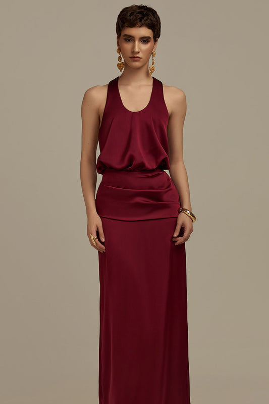 Hesperus Blouson Scoop Neck Silk Floor Length Dress