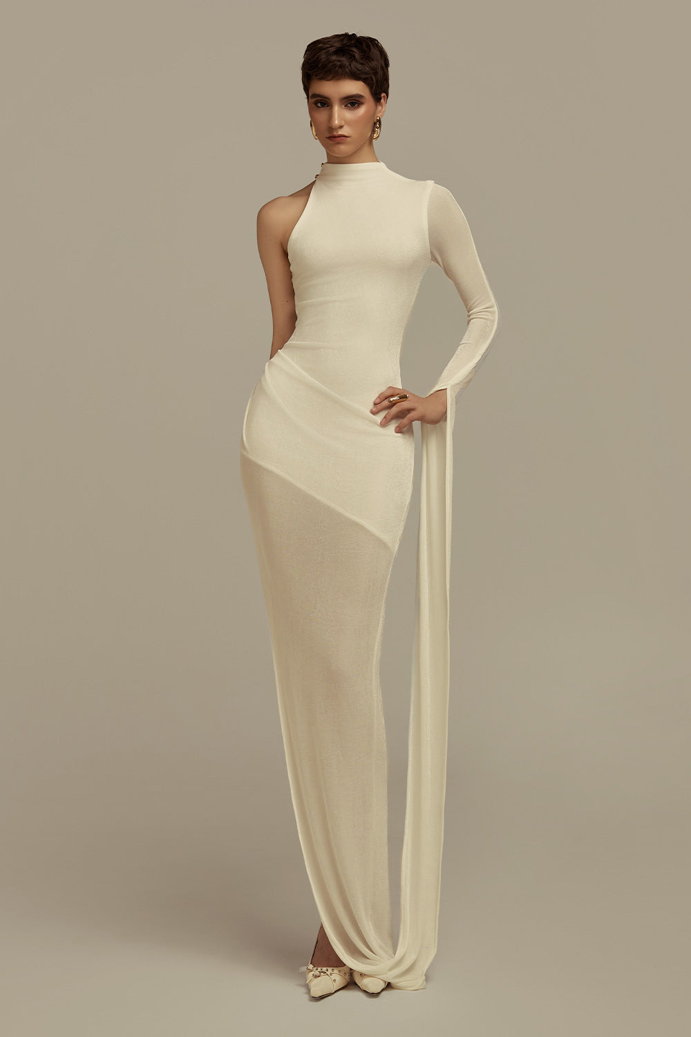 Women's Hyperion Hourglass Asymmetric Sleeved Jersey Floor Length Dress S/M/XS/L White/Black Mean Blvd, White / S