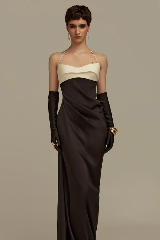 Nyx Sheath Halter Neck Silk Floor Length Dress