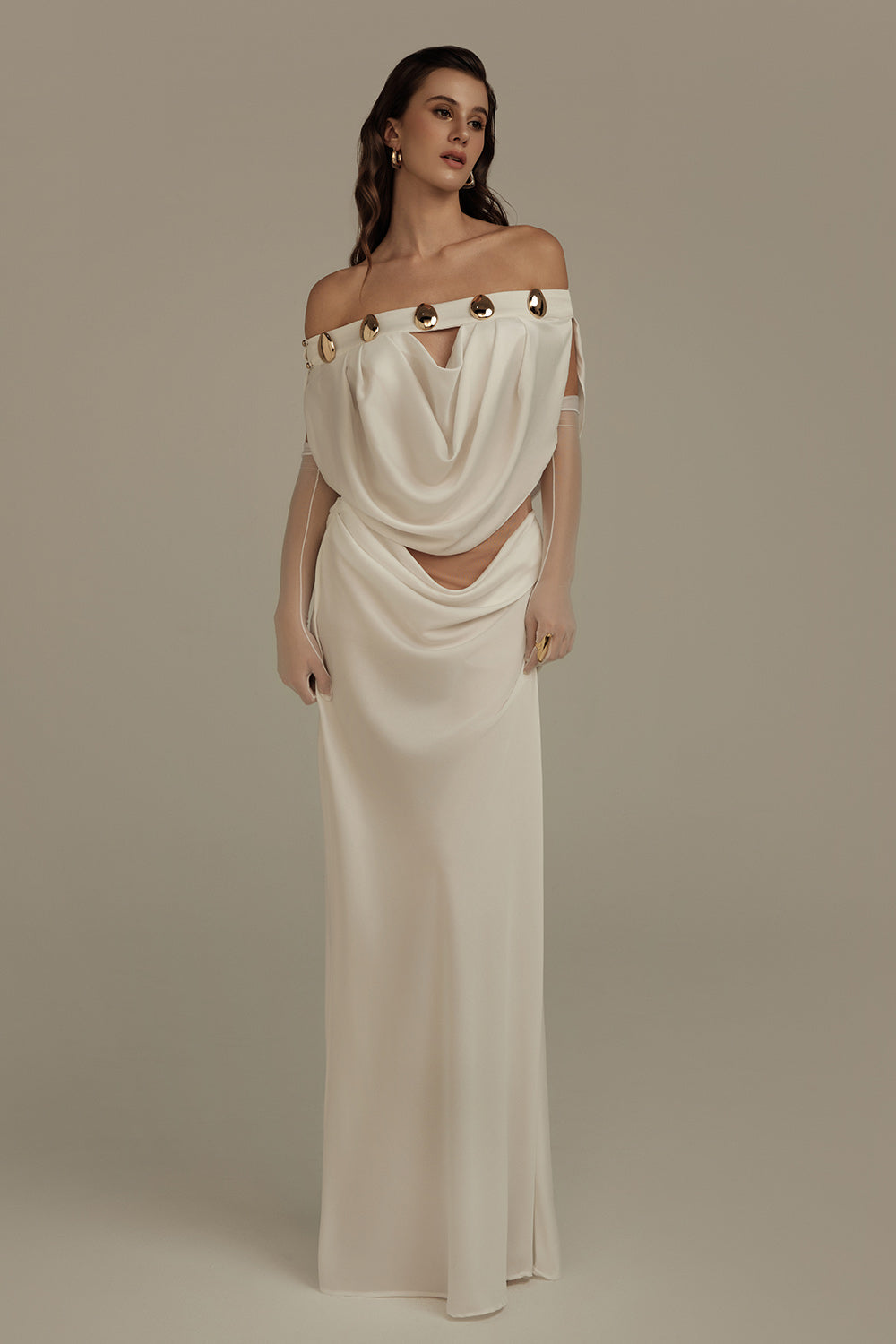 Women's Thalassa Straight Off-Shoulder Silk Maxi Dress S/M/L White MEAN BLVD