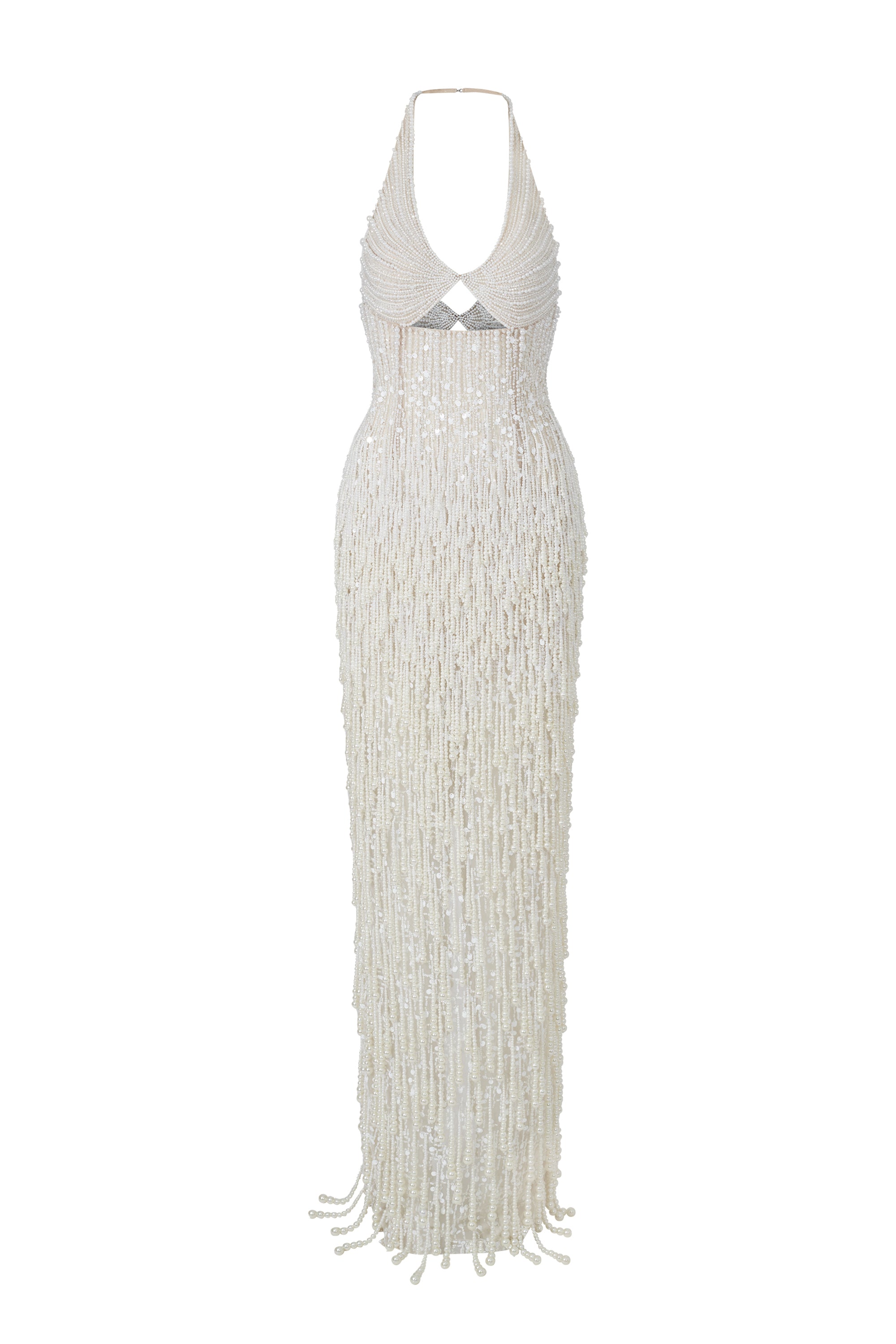 beaded halter neck dress Lara 51171 Beaded Halter Neck Bridal Midi Dress Ivory / 2