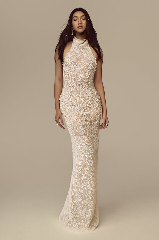 Pearlescence Halter Bead Maxi Dress - MEAN BLVD