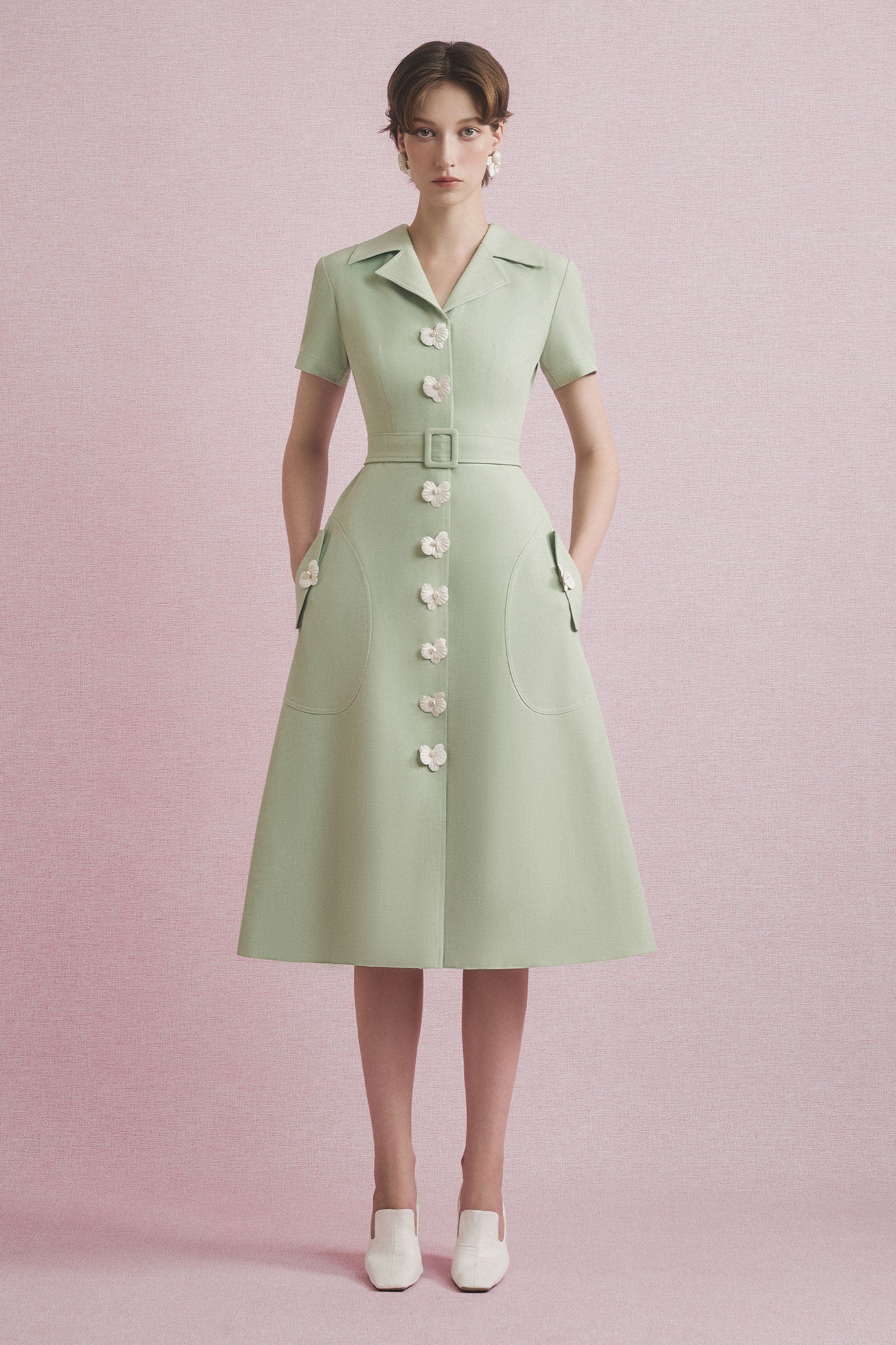 Women's Pilian Notch Neck Midi Dress Pale Olive Green S/M/L/Customize MEAN BLVD Pale Olive Green / Customize Women's Pilian Notch Neck Midi Dress Pale Olive Green S/M/L/Customize MEAN BLVD Pale Olive Green / Customize