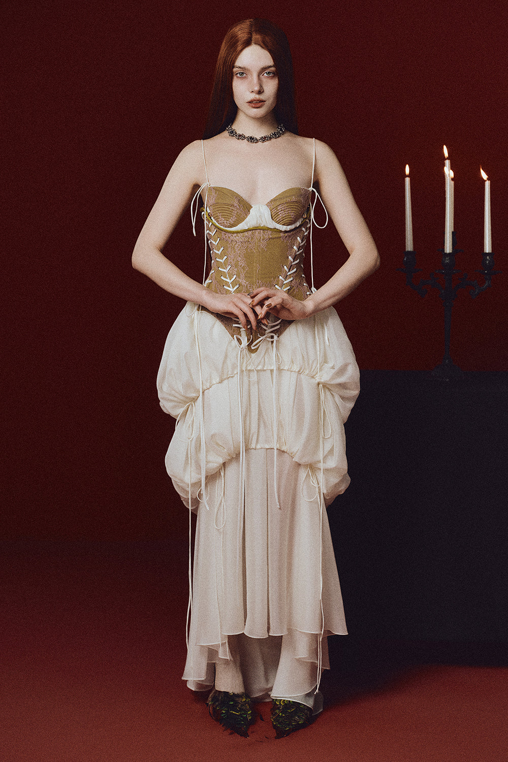 Women's Queen Mab Bubble Gathering Maxi Dress XS/S/M/L/XL/Customize Olive & Cream MEAN BLVD Women's Queen Mab Bubble Gathering Maxi Dress XS/S/M/L/XL/Customize Olive & Cream MEAN BLVD
