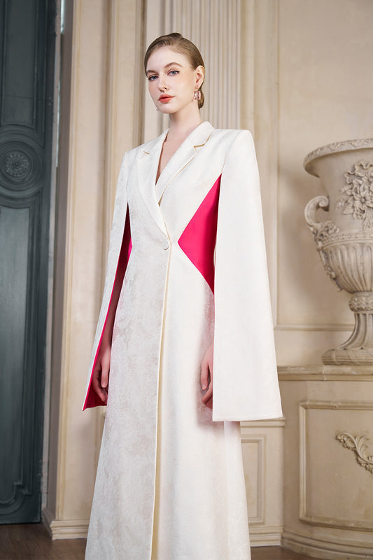 Abigail A-line Cape Sleeved Brocade Silk Floor Length Dress