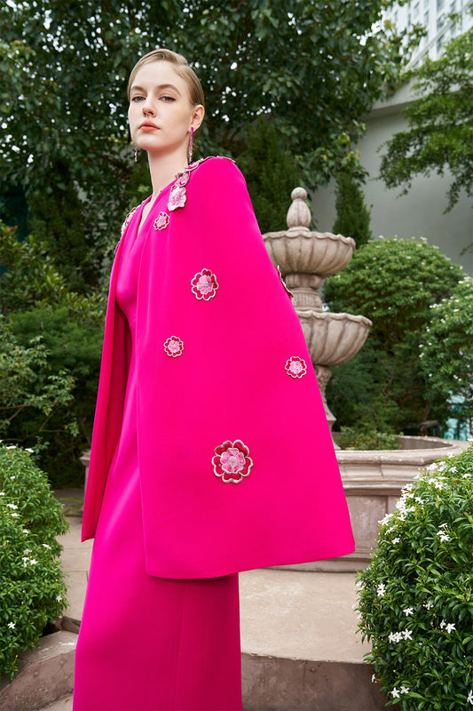 Anne Sheath Cape Sleeved Crepe Floor Length Dress