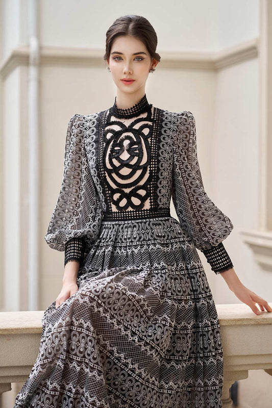 Gabriela Pleated Puffy Sleeved Lace Midi Dress