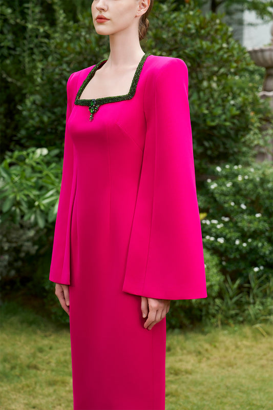 Nia Sheath Slit Sleeved Crepe Floor Length Dress