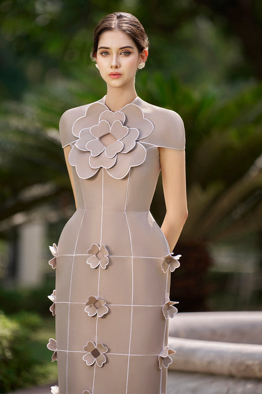 Iliana Pegged Flower Applique Taffeta Calf Length Dress