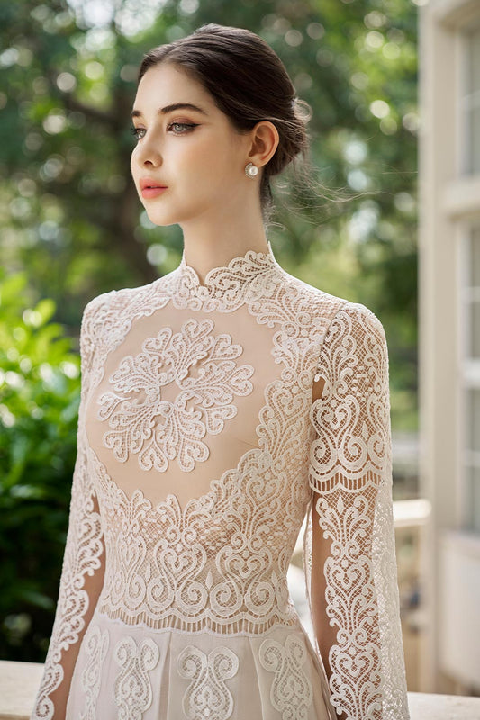 Rosie Pleated Slit Sleeved Mesh Lace Midi Dress