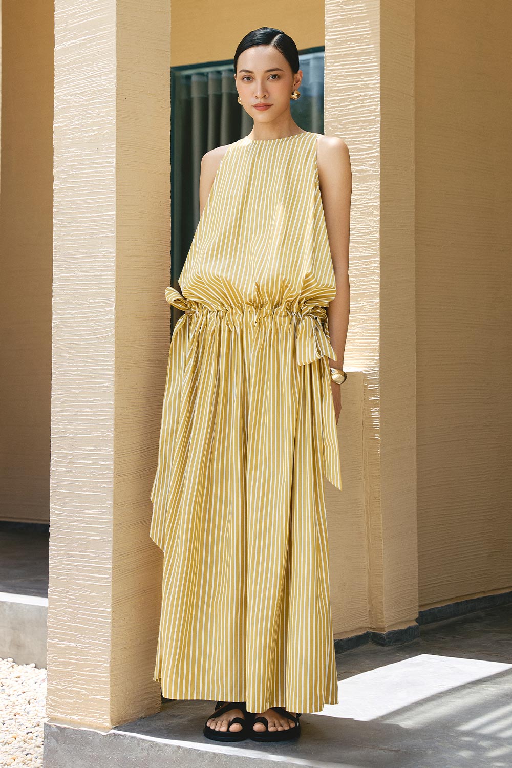 Women's Slipover Blouson Bow Tie Cotton Maxi Dress Freesize/Customize Mustard Yellow Striped Mean Blvd Customize / Mustard Yellow / Striped