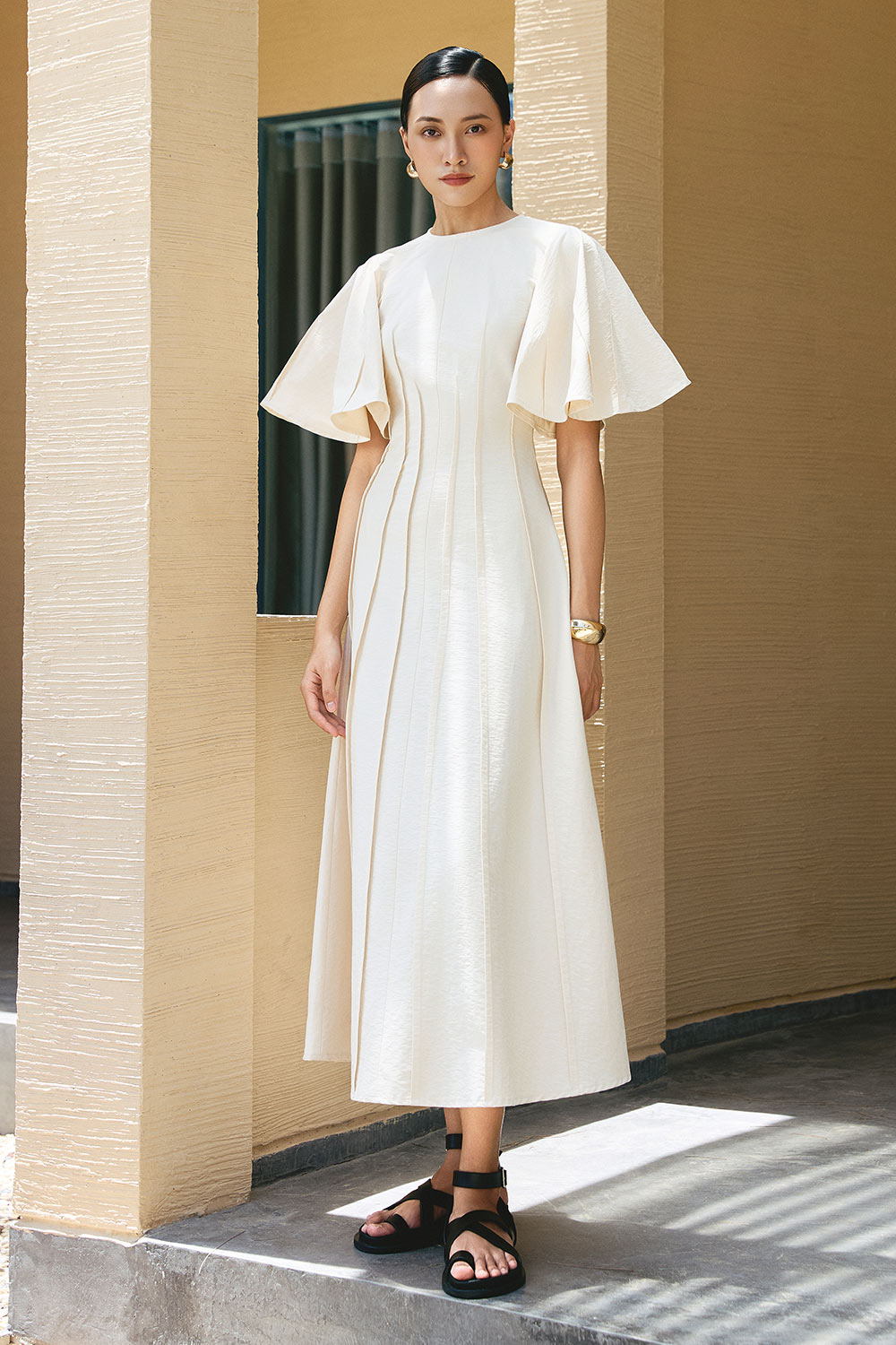 Women's Finley A-line Bell Sleeved Woven Cotton Midi Dress S/M/L/Customize Cream Beige MEAN BLVD, Cream Beige / S Women's Finley A-line Bell Sleeved Woven Cotton Midi Dress S/M/L/Customize Cream Beige MEAN BLVD, Cream Beige / S