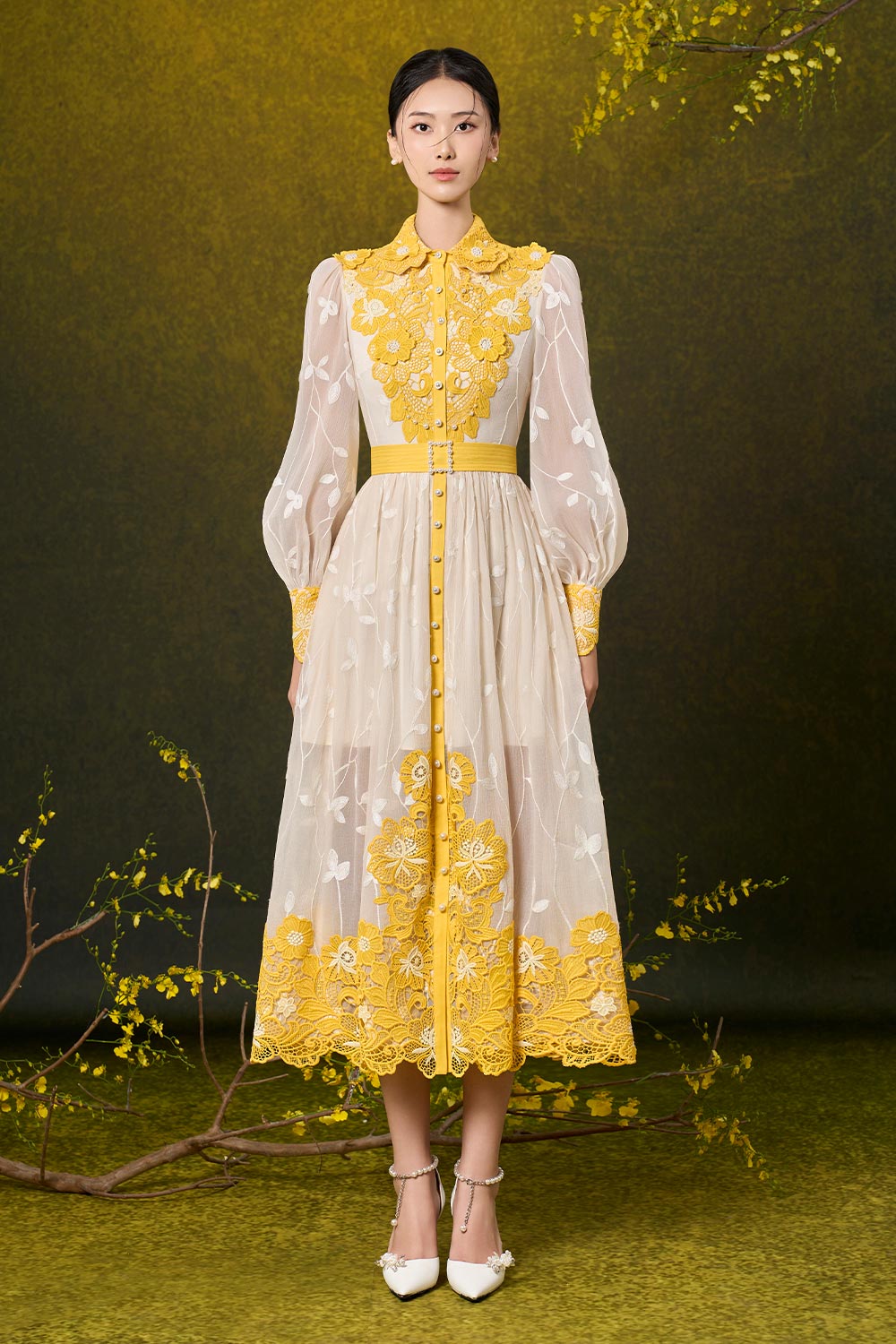 Women's Kimber A-line Bishop Sleeved Silk Lace Midi Dress S/M/L/Customize Yellow White MEAN BLVD Yellow White / M