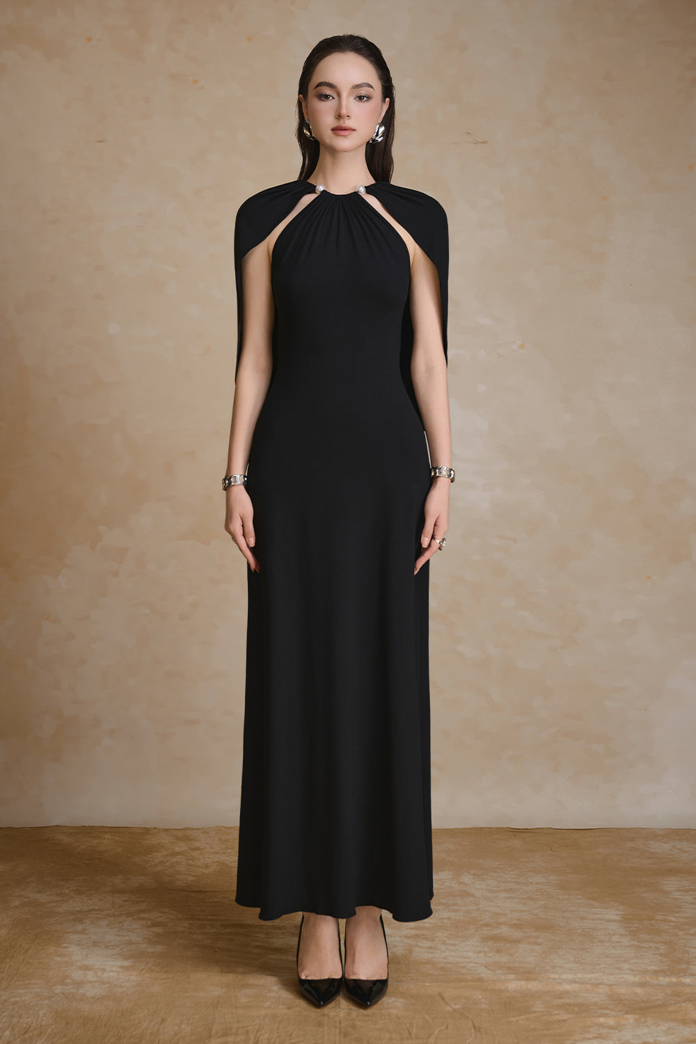 knee length dresses for ladies Women's Radiant Cape Sleeve Gathering Maxi Dress S/M/L/XL/XXL/Customize  Black MEAN BLVD
