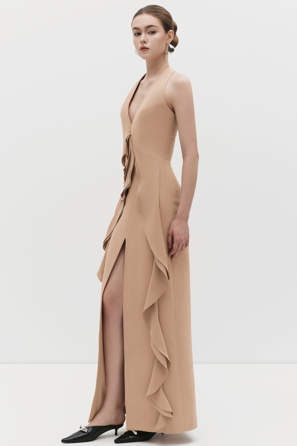 Women's Ratih Halter Neck Ruffle Maxi Dress XS/S/M/L/XL/Customize Nude MEAN BLVD Women's Ratih Halter Neck Ruffle Maxi Dress XS/S/M/L/XL/Customize Nude MEAN BLVD