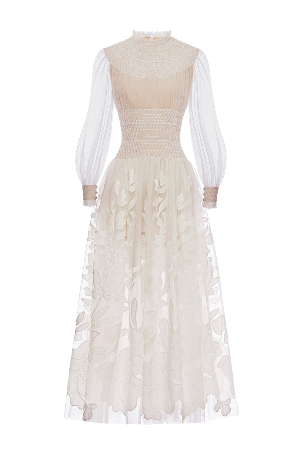 Women's Virel Bishop Sleeve Maxi Dress White & Nude S/M/L/Customize MEAN BLVD, White & Nude / S