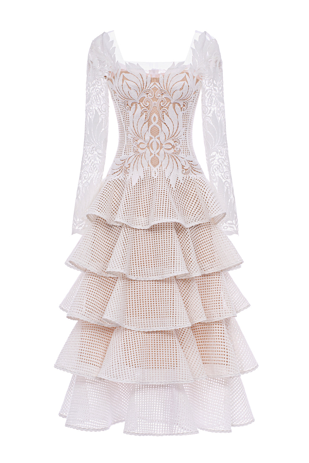 ruffle midi dress wedding Women's Victorian Ruffle Midi Dress White & Nude/Black S/M/L/Customize MEAN BLVD, White & Nude / S