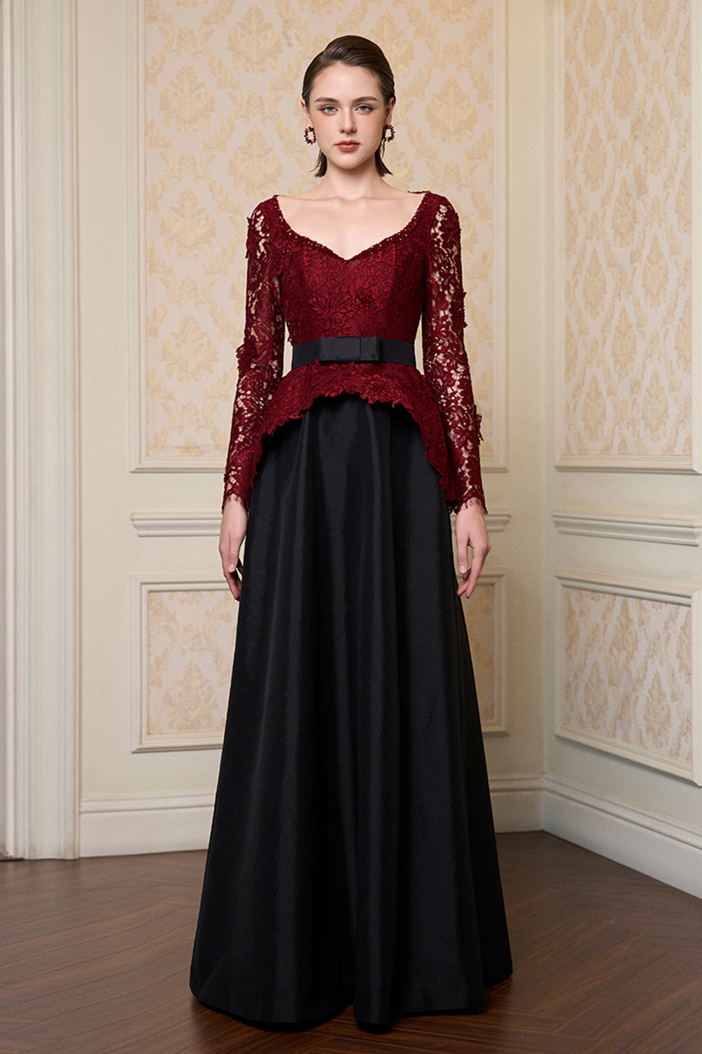 Women's Rosée Peplum Maxi Dress Burgundy & Black XS/S/M/L/XL/XXL/Customize  MEAN BLVD