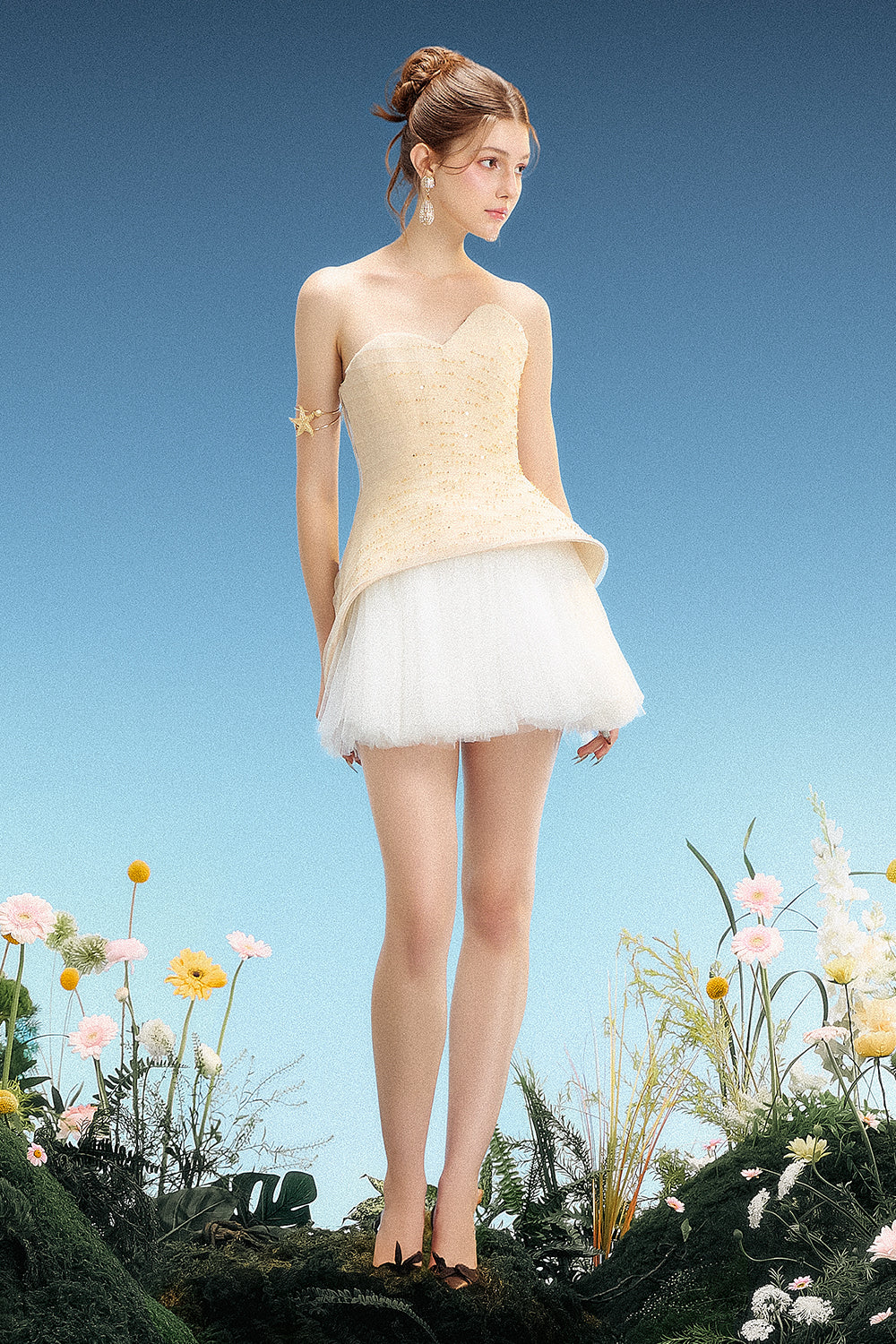 Women's Roxana Sweetheart Mini Dress Pale Gold & White XS/S/M/L/XL/Customize MEAN BLVD Pale Gold & White / XS