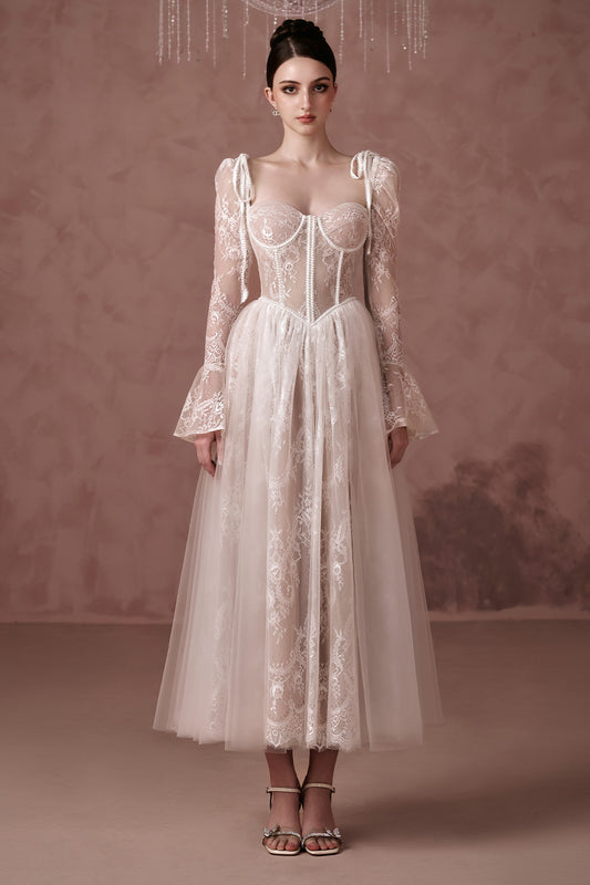 Clover A-line Poet Sleeved Silk Lace Ankle Length Dress