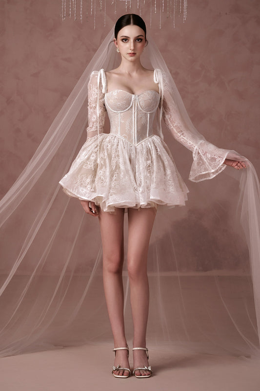 Clover Fit and Flare Semi-Heart Neck Mesh Lace Mini Dress