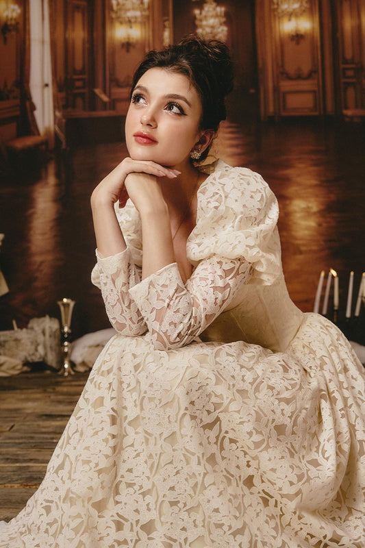 Mademoiselle A-line Ruffle Trim Silk Lace Ankle Length Dress