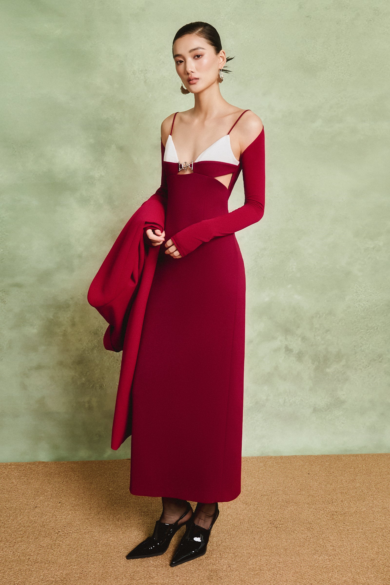Women's Seina Cold Shoulder Sleeve Metal Midi Dress S/M/L/Customize Burgundy & White MEAN BLVD Women's Seina Cold Shoulder Sleeve Metal Midi Dress S/M/L/Customize Burgundy & White MEAN BLVD