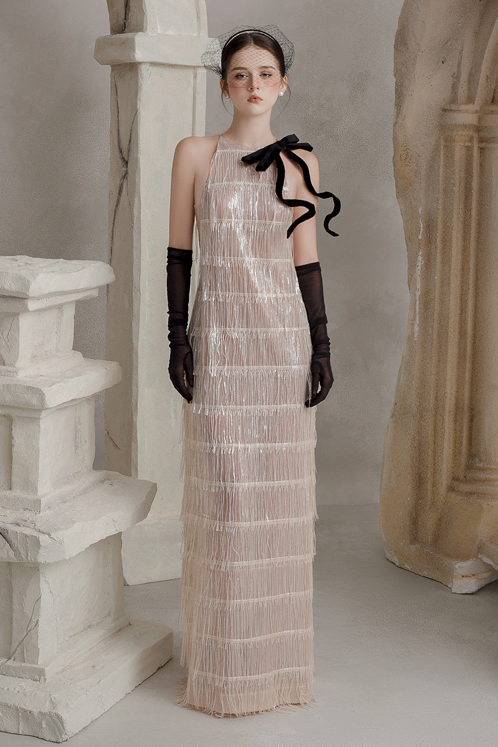 Women's Selina Halter Fringe Maxi Dress XS/S/M/L/Customize Champagne MEAN BLVD Women's Selina Halter Fringe Maxi Dress XS/S/M/L/Customize Champagne MEAN BLVD
