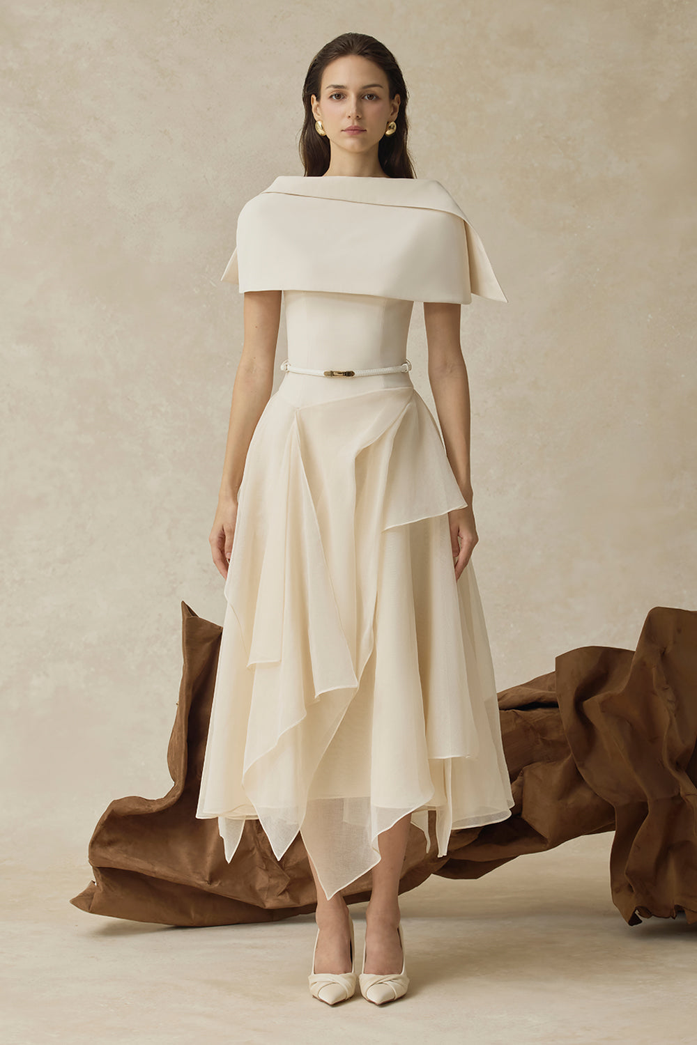 Women's Seraphelle Cape Sleeve Ruffle Midi Dress XS/S/M/L/XL/Customize Cream MEAN BLVD Women's Seraphelle Cape Sleeve Ruffle Midi Dress XS/S/M/L/XL/Customize Cream MEAN BLVD