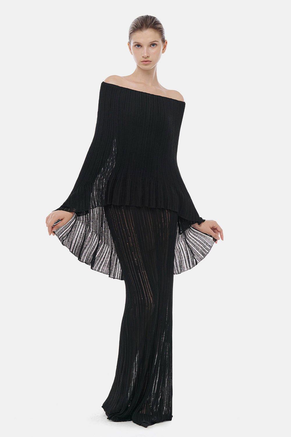 strapless open back dress Women's Séraphine Cape Pleated Maxi Dress XS/S/M/L/XL Black/White MEAN BLVD