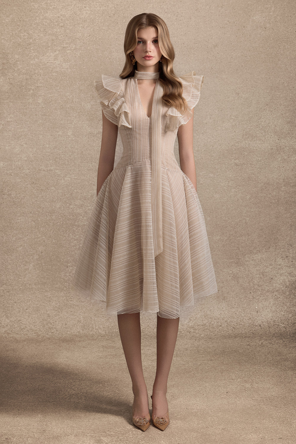 Women's Seraphine Scarf Draped Knee Length Dress S/M/L/Customize Beige MEAN  BLVD