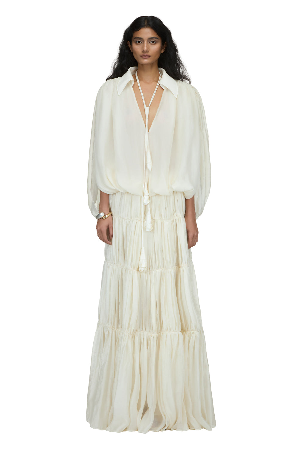 blouson maxi dress with sleeves Women's Seris Blouson Maxi Dress Cream XS/S/M/L/Customize MEAN BLVD