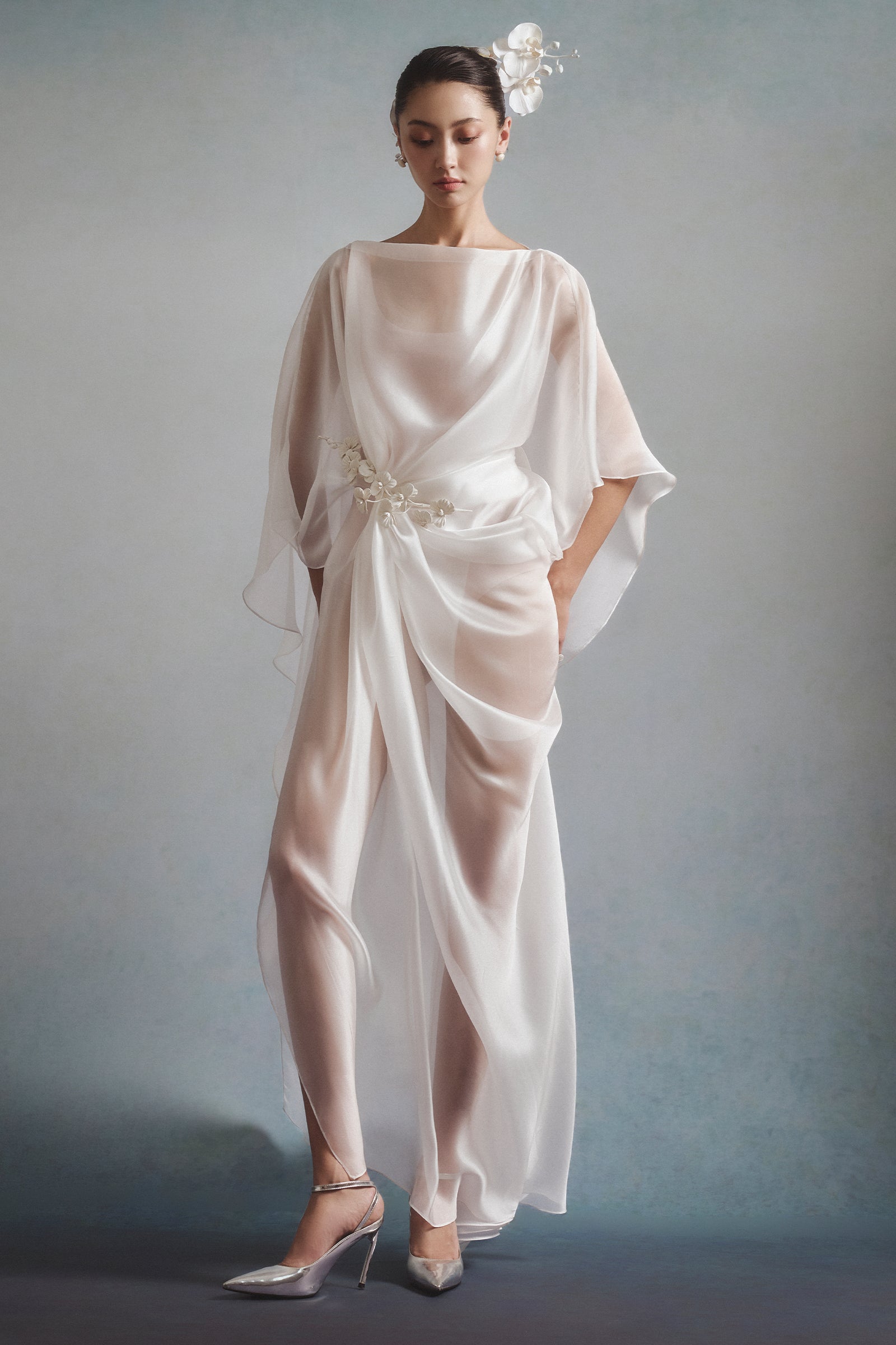 cream draped dress Women's Sheen Draped Maxi Dress Ivory Cream Customize MEAN BLVD