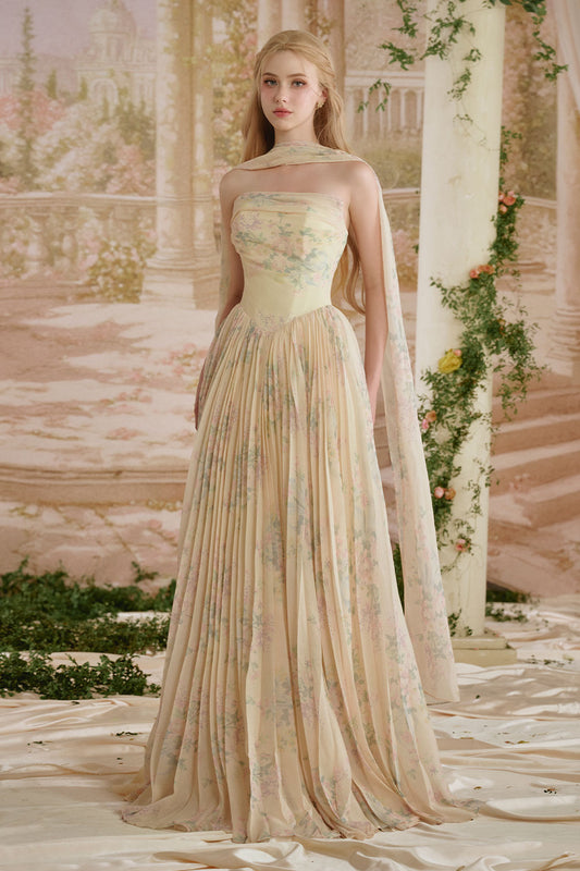 Amelia A-line Pleated Mesh Silk Floor Length Dress