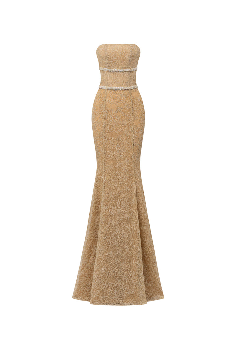maggie sottero light gold wedding dress Khaki Satin Crochet Trim Midi Dress – Mint Velvet