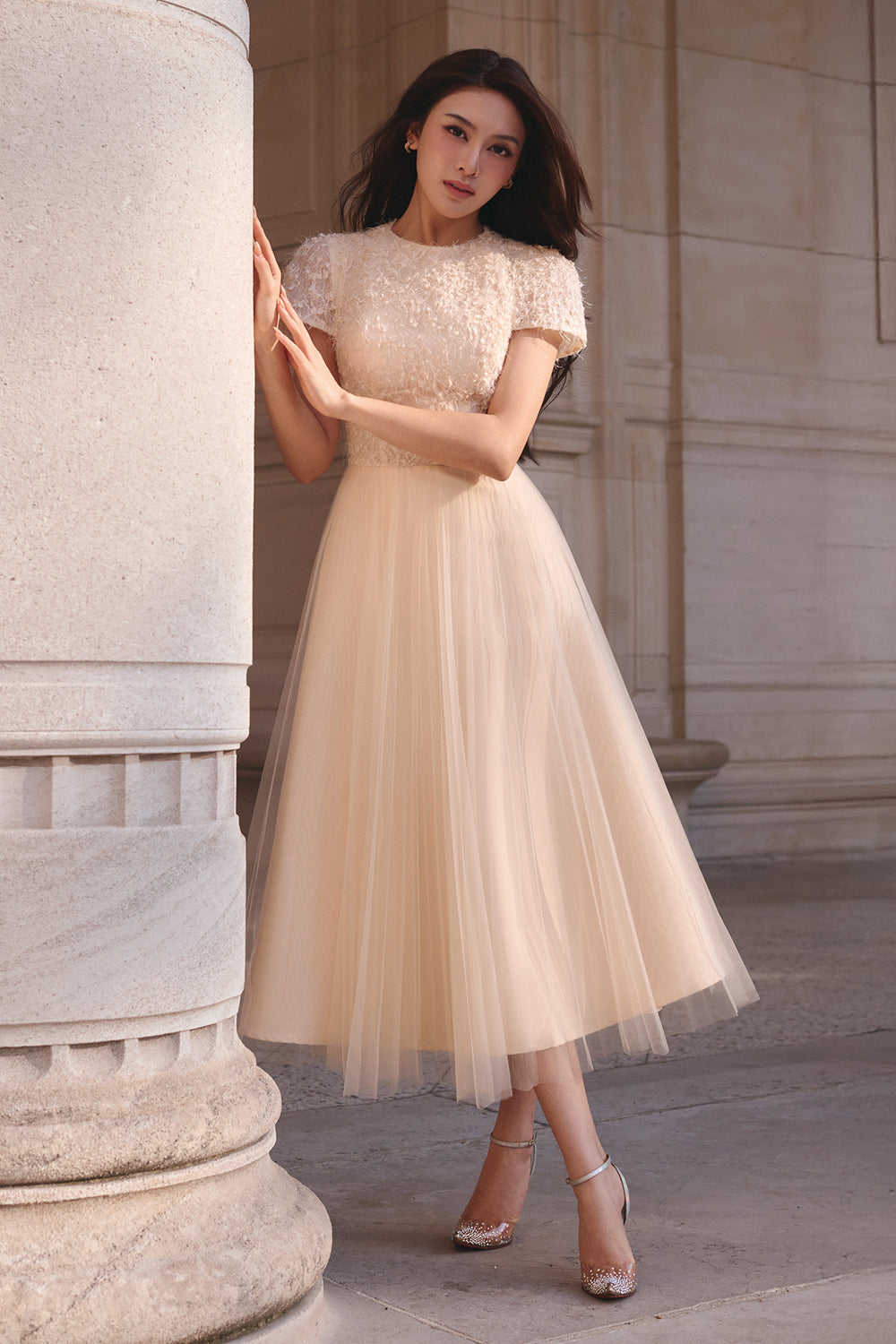 Women's Sona Pleated Midi Dress Beige S/M/L MEAN BLVD Women's Sona Pleated Midi Dress Beige S/M/L MEAN BLVD
