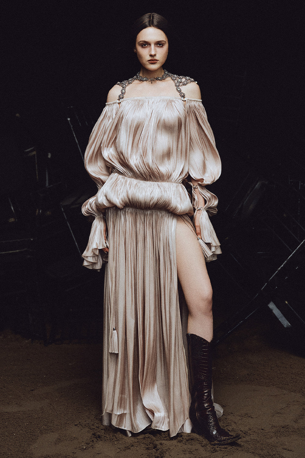 tassel maxi dress Women's The Tempest Bishop Sleeve Tassel Maxi Dress XS/S/M/L/XL/Customize Mocha Bisque MEAN BLVD Mocha Bisque / XL