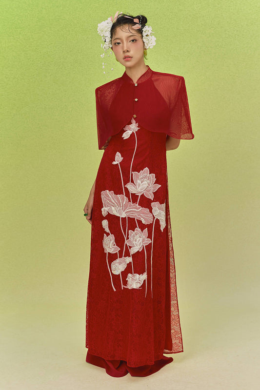 Thuc Yen Cape Sleeve Embroidery Ao Dai Set - MEAN BLVD