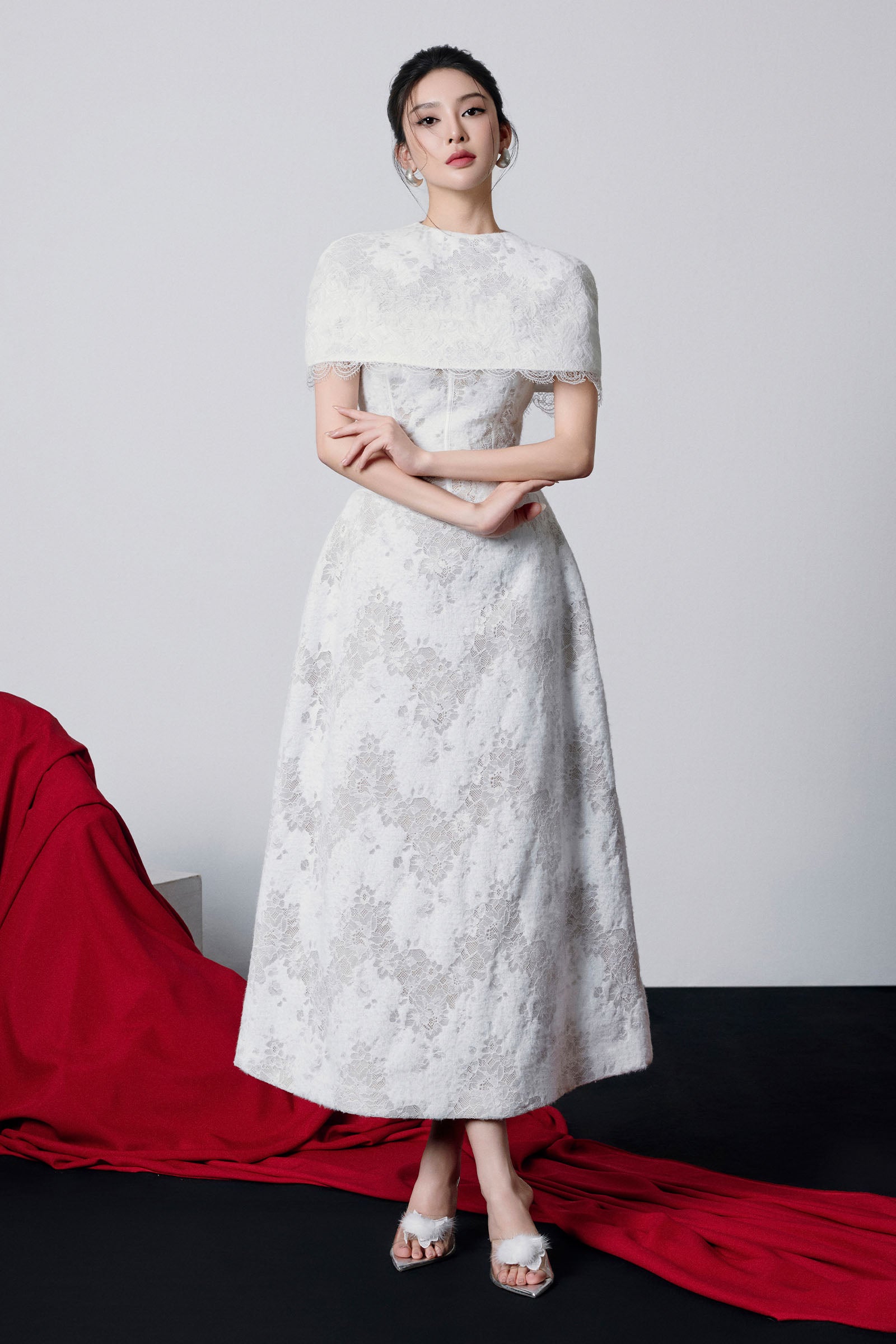 chinese dress ladies Women's Tina Cape Sleeve Lace Maxi Dress XS/S/M/L/XL/Customize White MEAN  BLVD