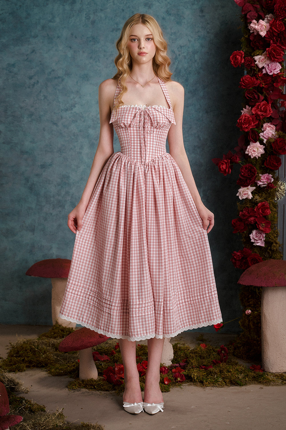 Women's Secret Garden A-line Corset Waist Silk Midi Dress  XS/S/M/L/XL/Customize Cream/Dusty Rose Floral/Gingham MEAN BLVD