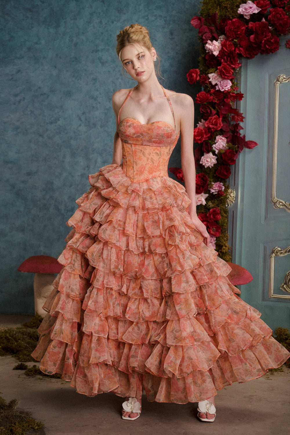 Women's Mad at Disney Ball Gown Ruffle Layer Organza Maxi Dress XS/S/M/L/Customize Dusty Orange Floral MEAN BLVD, XS / Dusty Orange / Floral