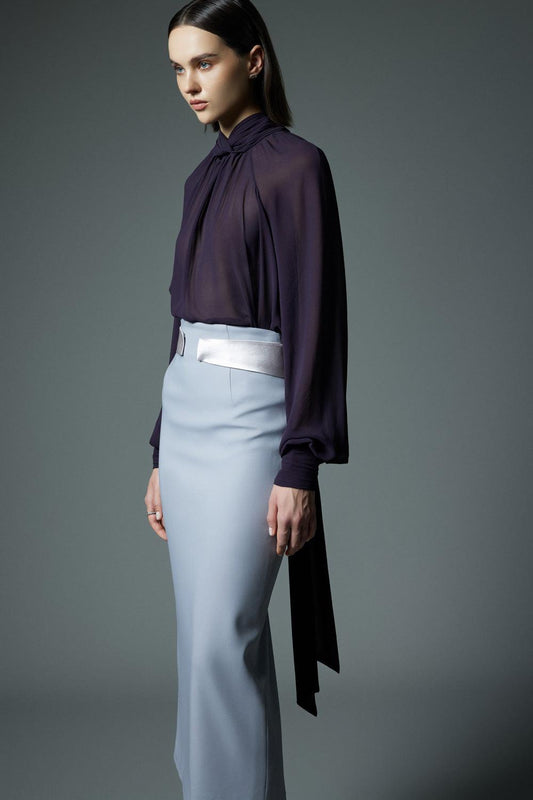 Almeria Straight Back Slit Satin Crepe Midi Skirt