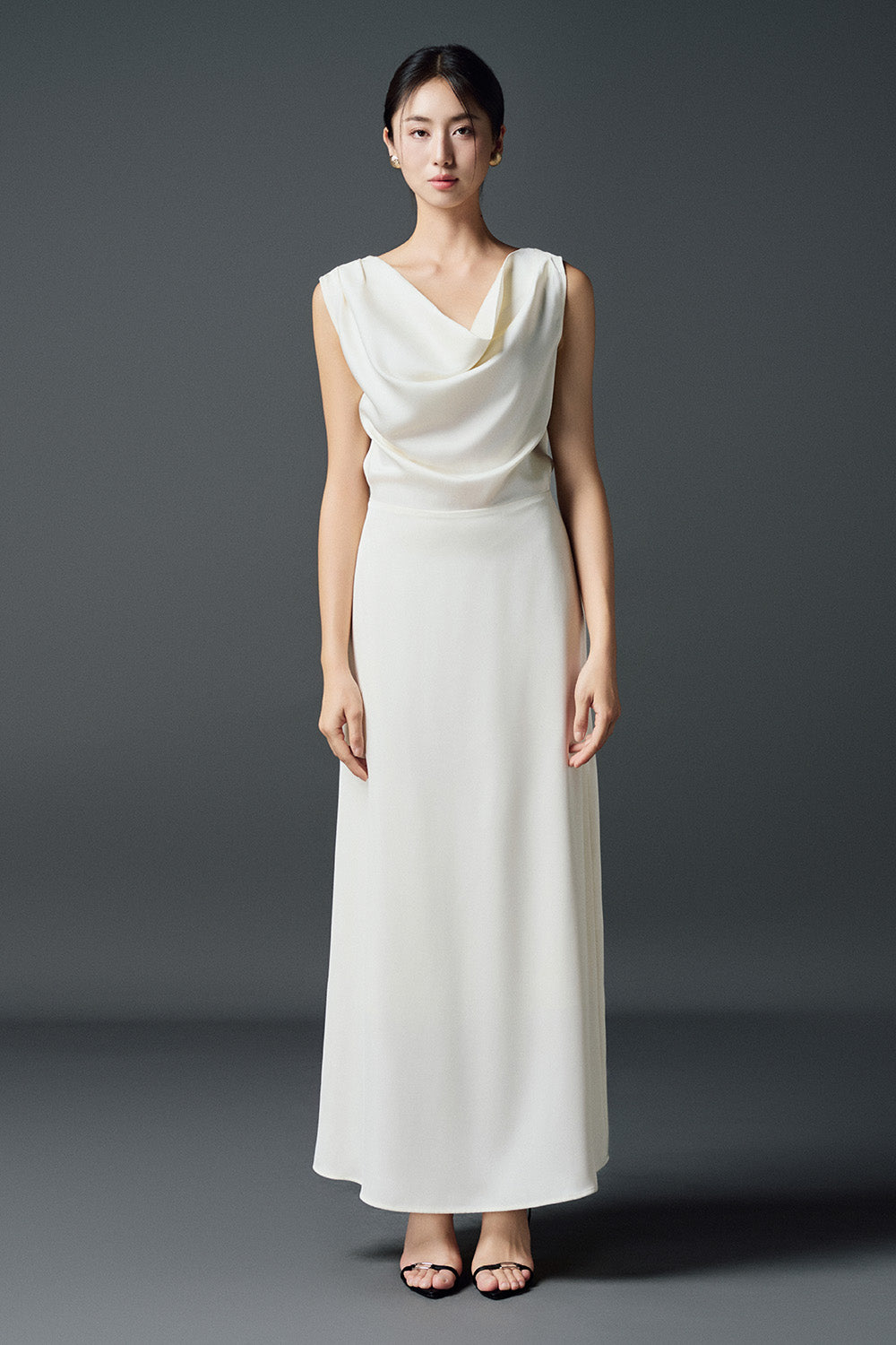 Women's Mina A-line Cowl Neck Silk Linen Ankle Length Dress S/M/L Cream/White/Red MEAN BLVD Cream / S