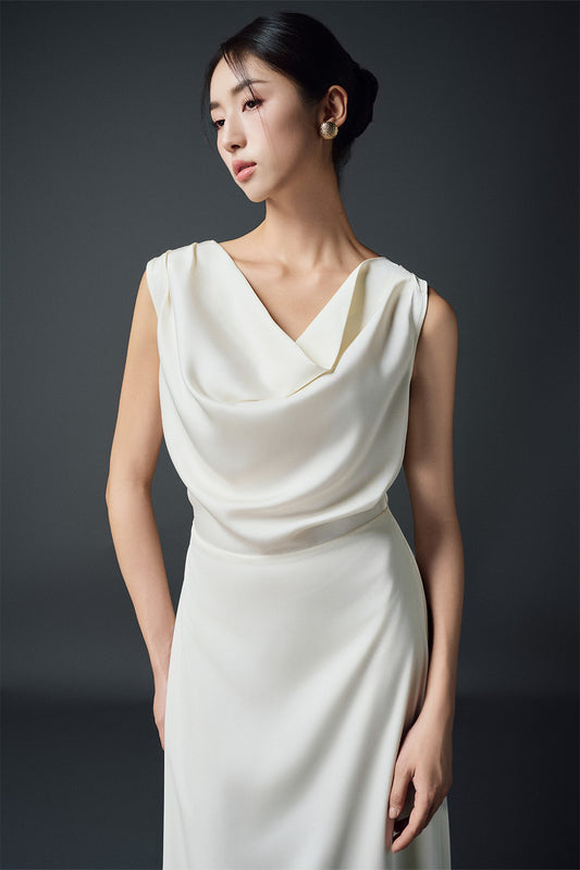 Mina A-line Cowl Neck Silk Linen Ankle Length Dress