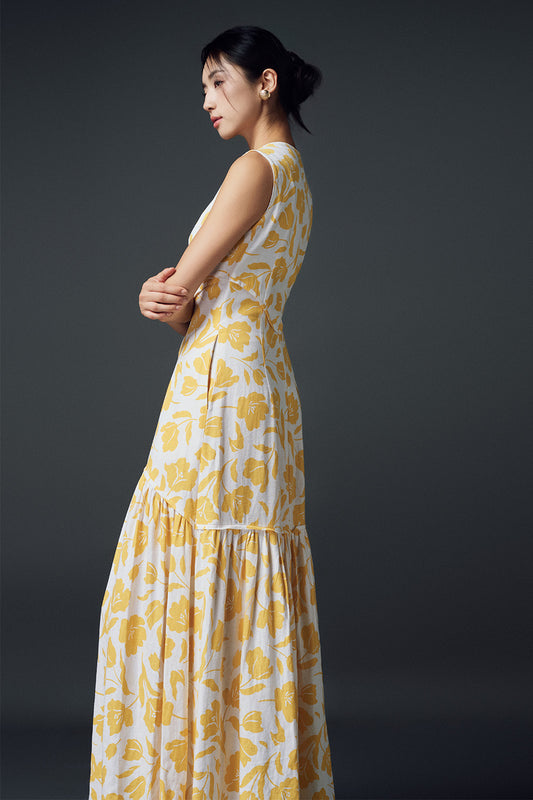 Sunna Drop Waist Scoop Neck Linen Maxi Dress