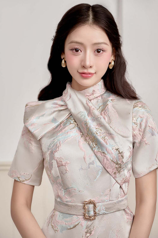 Nancie A-line Tie Neck Brocade Midi Dress