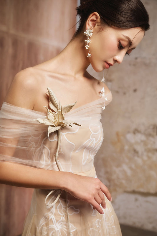 Flyxie Gathered Open Shoulder Lace Midi Dress