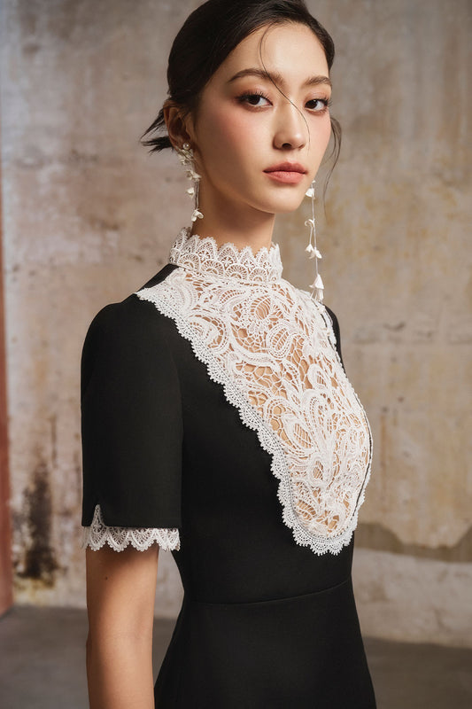 Maifen A-line Mock Neck Linen Cotton Midi Dress