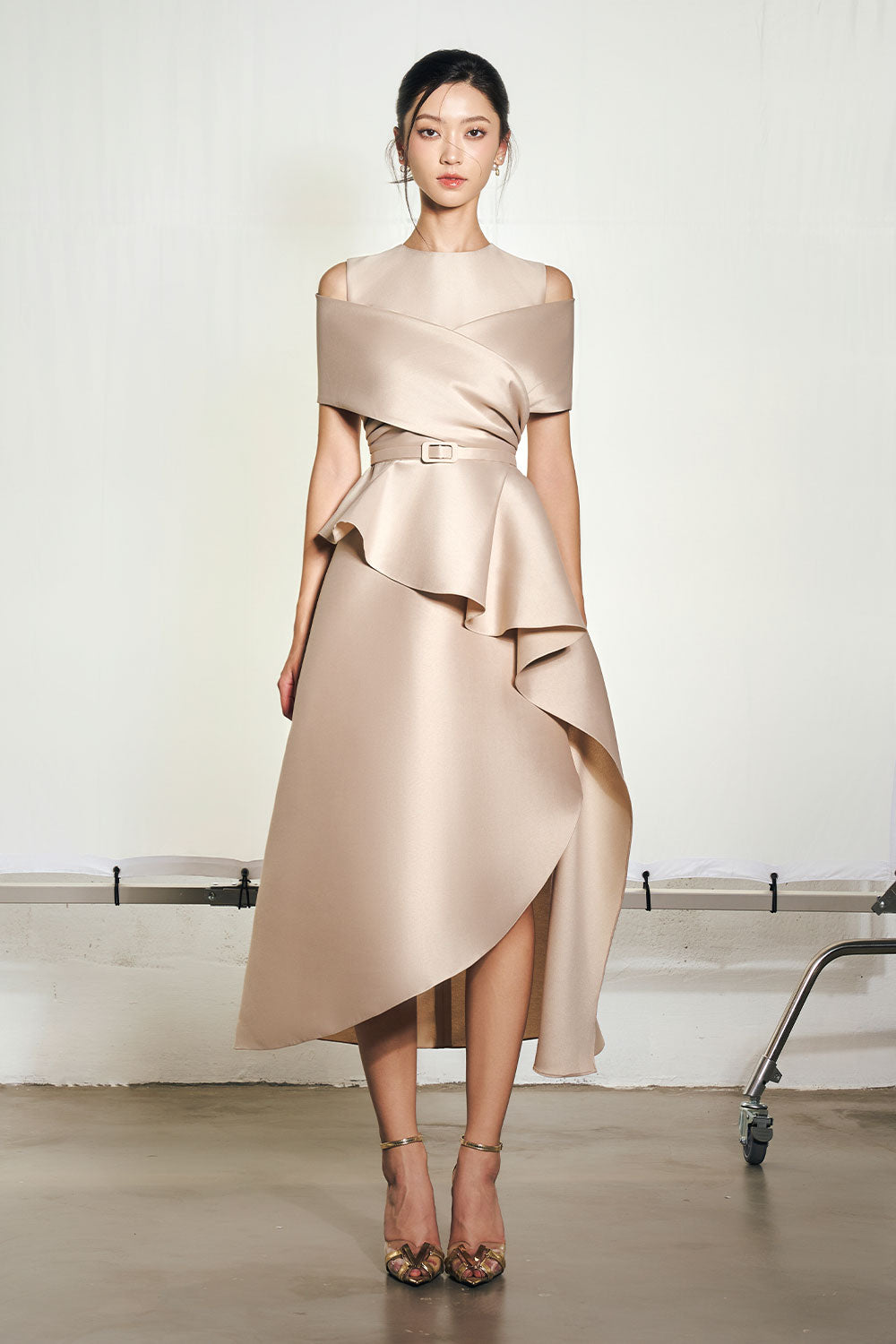 Women's Elvin Asymmetric Cold Shoulder Sleeved Taffeta Midi Dress S/M/L/Customize Beige MEAN BLVD Beige / S Women's Elvin Asymmetric Cold Shoulder Sleeved Taffeta Midi Dress S/M/L/Customize Beige MEAN BLVD Beige / S